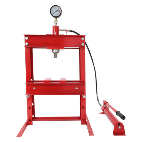 10 Ton Hydraulic Shop Press With Adjustable H Frame And Stamping Plates For Garage Workshop And Automotive Repair, red steel frame view.