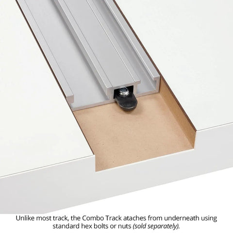 Rock Solid Aluminum Combo T Track 48 Inch Miter Channel showing installation detail with hex bolt fitting on work surface.