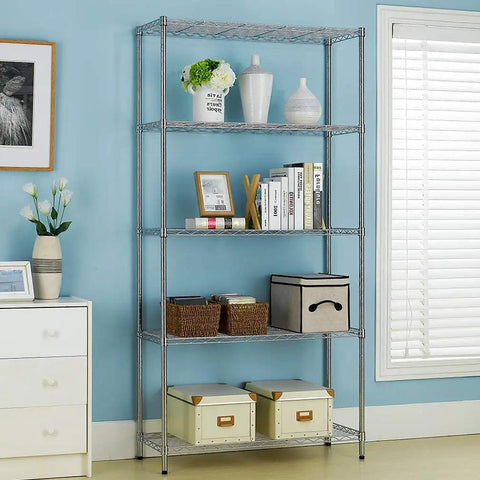 Straight Up Rock Solid Five Tier Wire Shelving Unit With Adjustable Shelves And Foot Levelers Featuring Dang Tough Chrome Plated Steel Construction For Heavy Duty Garage Or Storage Needs Supporting Up To Twelve Hundred Fifty Pounds