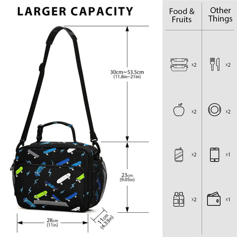 Insulated Lunch Box For Kids And Teens With Skateboard Dope Lightning Bolt Print, 28cm x 23cm x 11cm bag with shoulder strap