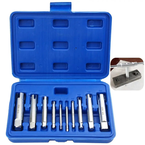 Get This Ultimate 10 Piece Tap Extractor Kit To Yank Out Broken Bolts And Stripped Screws Like A Pro With Durable HSS Steel, Perfect For Fixing Those Stubborn Heads On Your DIY Jobs Without Stress. blue case with 10 HSS tap extractors, #4 to M22 sizes