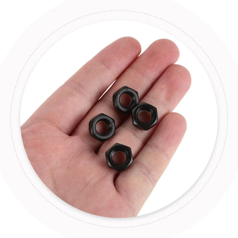 Heavy Duty M8 Locking Nuts For Skateboard Trucks 50 Piece Bombproof Iron Hardware Kit held in a hand, showcasing black zinc finish.