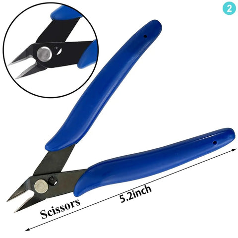Close-up of side pliers from Complete 17 Piece Model Making Tool Kit For Dollhouse Miniatures And DIY Crafts, blue handle, 5.2 inch length.