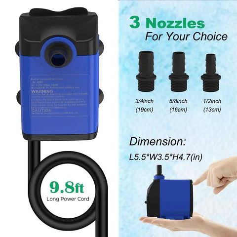 Ultra Quiet Submersible Pump 1056 GPH with Overheat Protection 85W 9.8ft power cord, three nozzle sizes, hand for scale