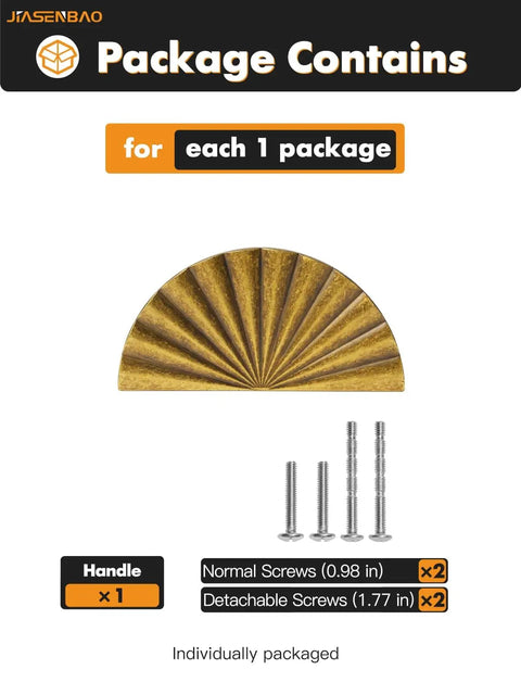 Package contents showing two pack antique brass cabinet pulls flat cup drawer handle with four screws