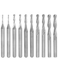 Front view: ten 1/8in shank ball-nose end mills, 2-flute solid carbide, upcut for PCB/wood/plastic/aluminum.