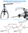 Beefy Hydraulic Gear Puller Kit With Adjustable Jaws And Bearing Hub Separator, shown in vertical and horizontal use, diagram included