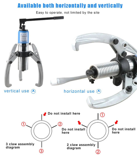 Heavy Duty Hydraulic Gear Puller Kit With Adjustable Jaws And Bearing Hub Separator showing vertical and horizontal use