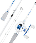 Centron Lite Travel Baitcasting Rod and Reel 4 Piece Packable Fishing Combo, 7 Foot MH Right Handed Reel in white and blue detail