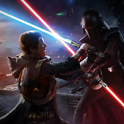 Dramatic duel with 12 Color Changeable LED Light Saber With 10 Motion Sensitive Sound Effects in cosmic setting