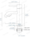 Technical drawing of Brushed Gold Bathroom Faucet With Solid Brass Construction Single Hole Deck Mounted Lavatory Vanity Sink Faucet Single Handle Hot And Cold Mixing Ceramic Disc Cartridge Drip Free Spout Reaches About Five Inches, showing dimensions and washers.