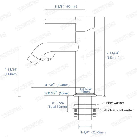 Technical drawing of Brushed Gold Bathroom Faucet With Solid Brass Construction Single Hole Deck Mounted Lavatory Vanity Sink Faucet Single Handle Hot And Cold Mixing Ceramic Disc Cartridge Drip Free Spout Reaches About Five Inches, showing dimensions and washers.