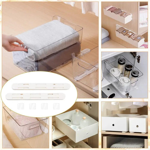 Super Slick White Plastic Pull Out Rails For Baskets And Bins Self Adhesive Drawer Slides Side Mounted Cabinet Tracks Heavy Duty Storage Glides Hassle Free Home Setup Solution with storage bins and drawers.