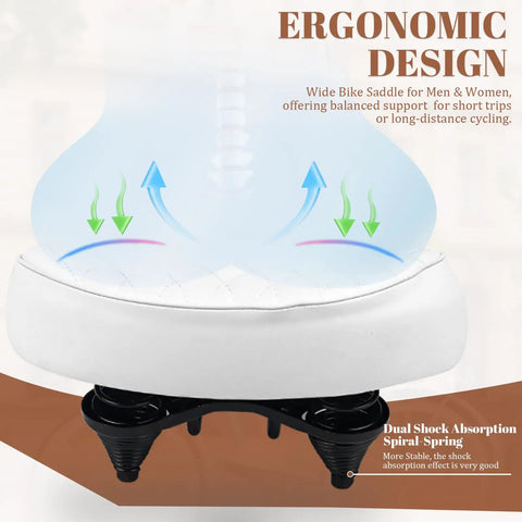 Wide Oversized Bike Seat For Men And Women With Plush Cushion And Shock Absorption Ideal Replacement Saddle For Cruiser Bikes MTB City Bikes E Bikes Tricycles And Exercise Cycles For Long Rides, white ergonomic saddle with dual spring shocks
