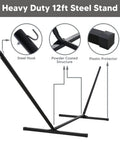Heavy duty 12ft steel stand for Two Person Outdoor Hammock With Stand And Carry Bag, Cotton Rope Hammock With Detachable Reversible Quilted Polyester Pad, Dark Gray, Cozy Backyard Hangout For Camping And Lounging with hooks and protectors.