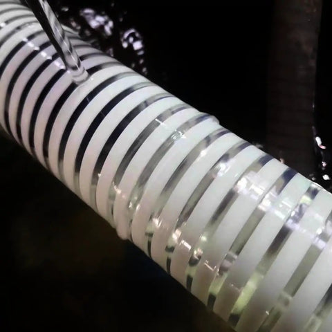 Close-up of 1.5 Inch Pool Replacement Hose for Above Ground Pools, Flexible PVC Vinyl, showing spiral ribbing and UV resistant material