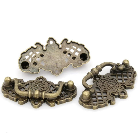 4 Pack Vintage Antique Brass Bail Pull Handles for Wooden Drawers, Cabinets, and Cupboards with Retro Plate Base Hollowed Pattern