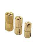 Copper Barrel Cabinet Hinges Set For Hidden Concealed Cylindrical Brass Doors, 3 pieces adjustable 8mm to 16mm, displaying soft close mechanism.