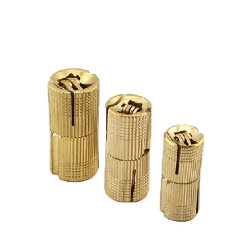Copper Barrel Cabinet Hinges Set For Hidden Concealed Cylindrical Brass Doors, 3 pieces adjustable 8mm to 16mm, displaying soft close mechanism.