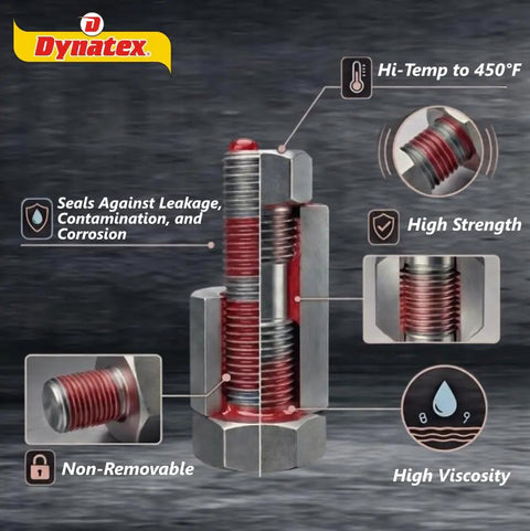 Red Hi Temp Threadlocker 1.22 Oz Bottle For Locking Bolts Up To 450 F Medium High Strength Anaerobic Adhesive Extreme Heat And Chemical Resistant 4 Pack shown on metal bolt