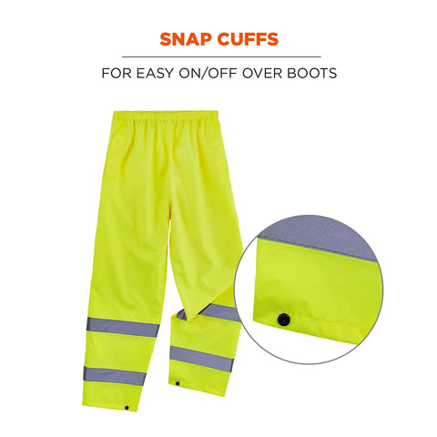 High Visibility Reflective Rain Pants Lime Large for Over Boots Lightweight Waterproof ANSI Compliant Gear with Snap Cuffs GloWear 8916