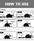Instructional diagram for Beefy Heavy Duty Self Retracting Ratchet Straps 1In By 13Ft, 1800 Lb Break Strength for fastening and releasing.