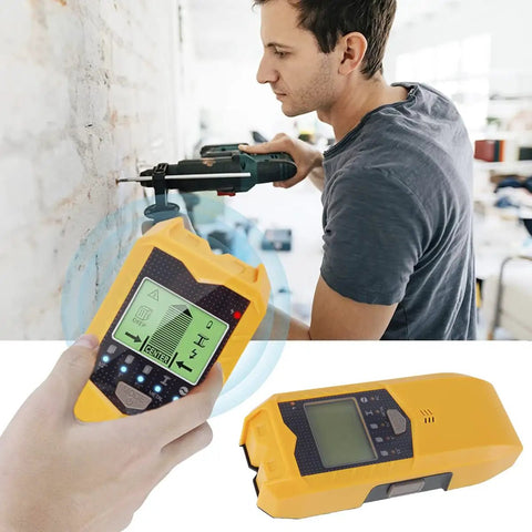 Heavy Duty 5 In 1 Electronic Stud Finder And Wall Scanner With Bright Lcd Display Along With Sharp Audio Alert For Dead Center Locate On Wood Frames Steel Pipes Live Ac Wiring Behind Drywall No Sweat Setup Contractor Pick Yellow