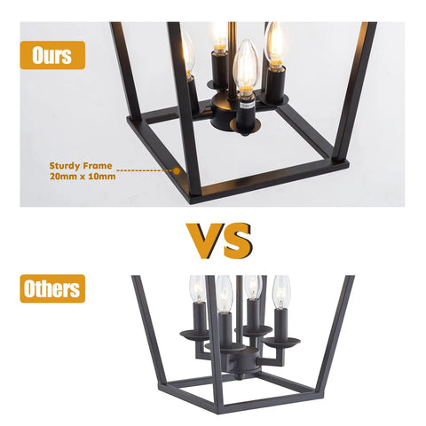 Close-up comparison of farmhouse lantern pendant light frame vs competitor, showing sturdy frame design.