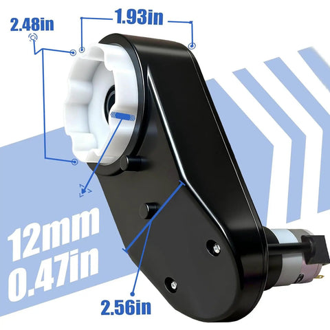 Two Pack RS390 6V 18000RPM Miniature DC Motor With Gearbox Upgrade For Power Wheels Ride On Toys, black motor with measurements.
