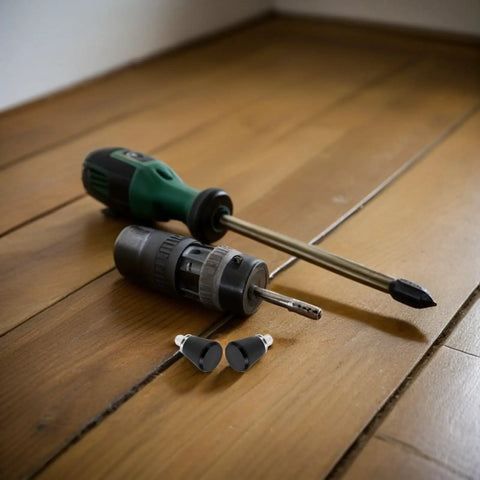 Shop Grade Built Tough Spring Loaded Plunger Pins Heavy Duty Machine Tool Locking Hardware Rock Solid Grip For Precision Fixturing And Workshop Clamping Tasks Durable 4 Piece Steel Set with green screwdriver and drill on wood.