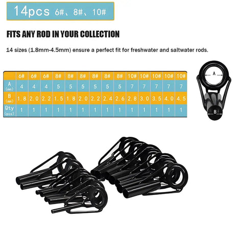 Ultimate Fishing Rod Tip Repair Kit With UV Light And Glue, 14 black stainless-steel guides for freshwater and saltwater rods