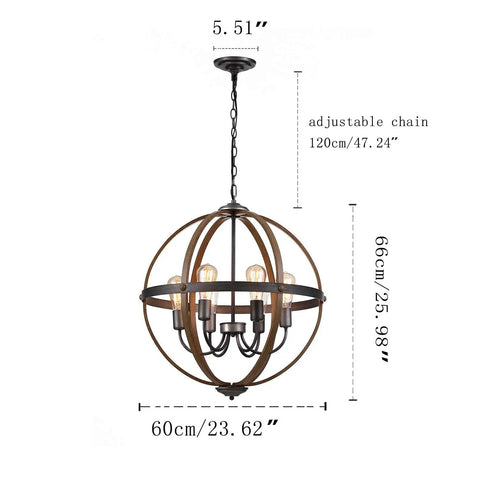 Six-Light Orb Chandelier, 23.62-Inch Rustic Farmhouse Lighting in Stardust Finish with Adjustable 47.24-Inch Chain, Bronze Tone, E26 Sockets
