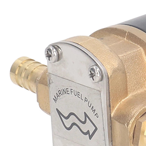 Heavy-Duty Self Priming Brass Gear Pump With 12V And 24V Electric Fuel Transfer Capabilities For Diesel Oil And Saltwater Applications Featuring Sturdy Solid Brass Housing And Vibration Absorbing Rubber Base For Long Lasting Industrial Use Performance