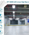Heavy Duty Led High Bay Shop Light 300 Watt 42000 Lumens 5000k Bright White illuminating a warehouse ceiling with adjustable wattage.
