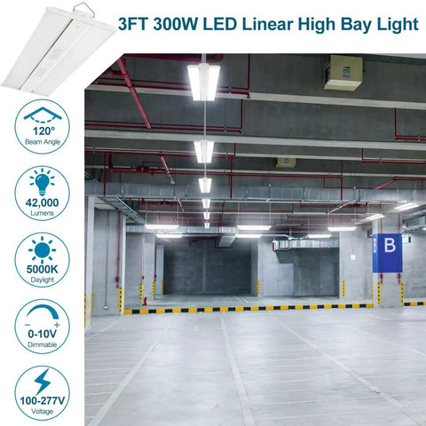 Heavy Duty Led High Bay Shop Light 300 Watt 42000 Lumens 5000k Bright White illuminating a warehouse ceiling with adjustable wattage.