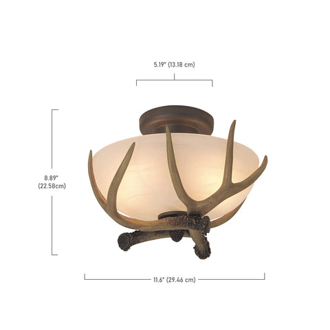 Antler Alabaster Glass 2 Light Semi Flush Mount Ceiling Fixture in European Bronze with E26 Socket in rustic style