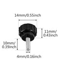 12 Pack M4 X 10 mm Knurled Thumbscrews Carbon Steel Black Round Clamping Knobs for Monitor Mounts shown with dimensions
