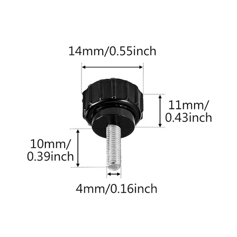 12 Pack M4 X 10 mm Knurled Thumbscrews Carbon Steel Black Round Clamping Knobs for Monitor Mounts shown with dimensions