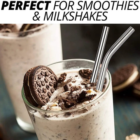 12 Inch Stainless Steel Straws Replacement Set, Four Pack With Cleaning Brush, Extra Long Metal Straws In Oreo Milkshake