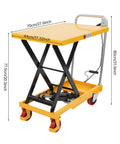 Heavy Duty Hydraulic Scissor Lift Table Cart With 500 Pound Capacity, adjustable height platform with dimensions shown.