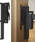 Close-up of Four Piece Heavy Duty Bed Frame Conversion Brackets For Headboard Or Footboard Galvanized Steel Height Adjustable Kit Classic Black.