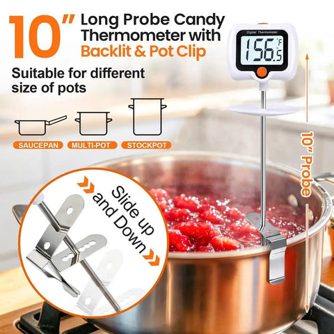 Instant Read Candy Thermometer With Pot Clip 10 inch probe shown in a pot, digital display reading 156.5°F, for cooking and baking.