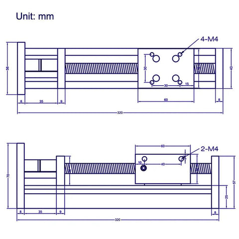 Technical drawing of 200mm Linear Rail Guide System Workhorse with SFU1605 Ballscrew and Nema 17 Stepper Motor for DIY CNC Router