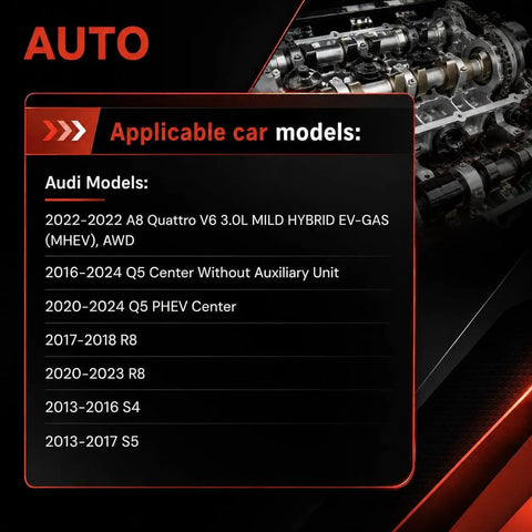 Image displaying Audi models compatible with Straight Up Drop In Auxiliary Cooling Water Pump for Audi A8 Q5 R8 S4 S5.