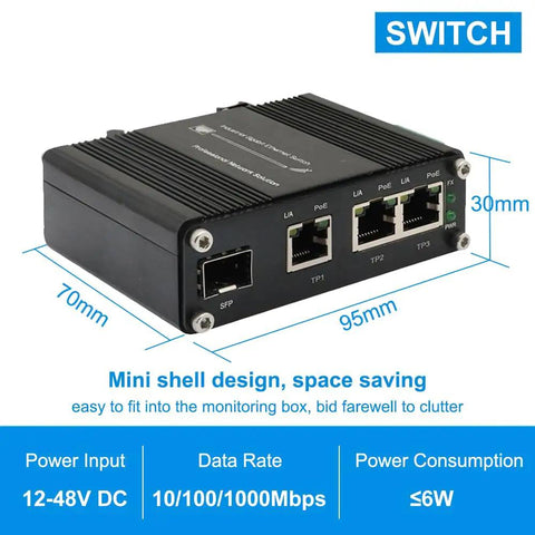 3 Port PoE Plus Gigabit Fiber Ethernet Switch Mini Unmanaged Network Switch With 100/1000M SFP Slot 12 To 48VDC Power Input