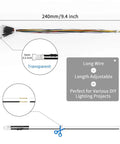 Diagram of 100 Pcs 5mm Prewired 12V UV LED Diodes Kit with 9.4 inch wire leads for DIY lighting cuttable copper wires.
