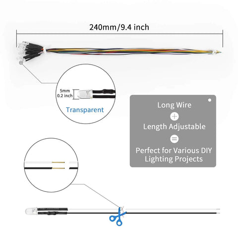 Diagram of 100 Pcs 5mm Prewired 12V UV LED Diodes Kit with 9.4 inch wire leads for DIY lighting cuttable copper wires.