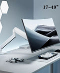 Game Changing Dual Monitor Desk Stand For 17 To 32 Inch Screens with white gas spring mount, showing 49 inch display.