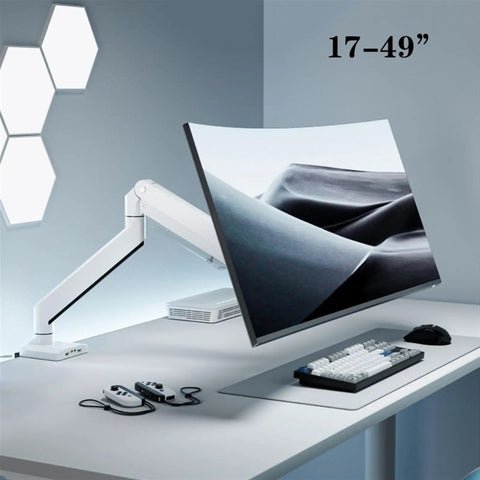 Heavy Duty Dual Monitor Mount For 17 To 32 Inch Screens With Height Adjustable Mechanical Arm Extending 19 Inches Features Two Usb Ports For Fast Charging And Vesa 75 Or 100 Mm Fit For A Slick Work Station Or Gaming Rig Setup with white mechanical arm and curved monitor