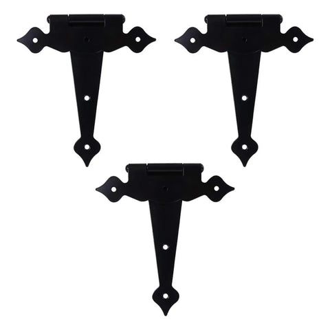 Three Piece T Shaped Rustproof Iron Door Hinges Set For Shed Or Gate Doors In 5 6 And 8 Inch Sizes With Eight Positioning Screw Holes